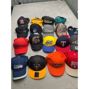 Mixed Hat Lot 18pc Raiders Seahawks Penguins Titleist Harley Sturgis New Era